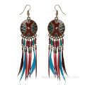 Wholesale Beaded Style Beach Gilded Hoop Feather Earrings